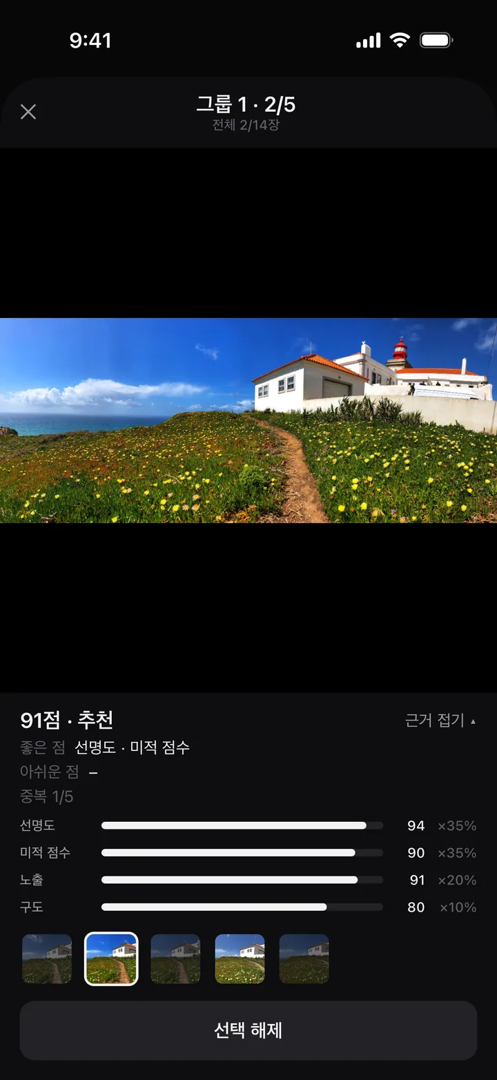 추천 근거 화면 — 91점 · 선명도와 미적 점수 등 항목별 막대